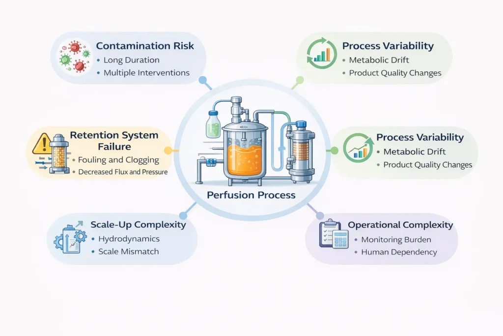 perfusion process risk factors biologics upstream processing ATF fouling scale-up challenges