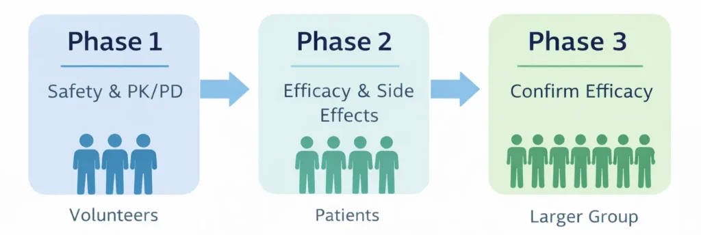 clinical trial phases phase 1 2 3 in biosimilars diagram